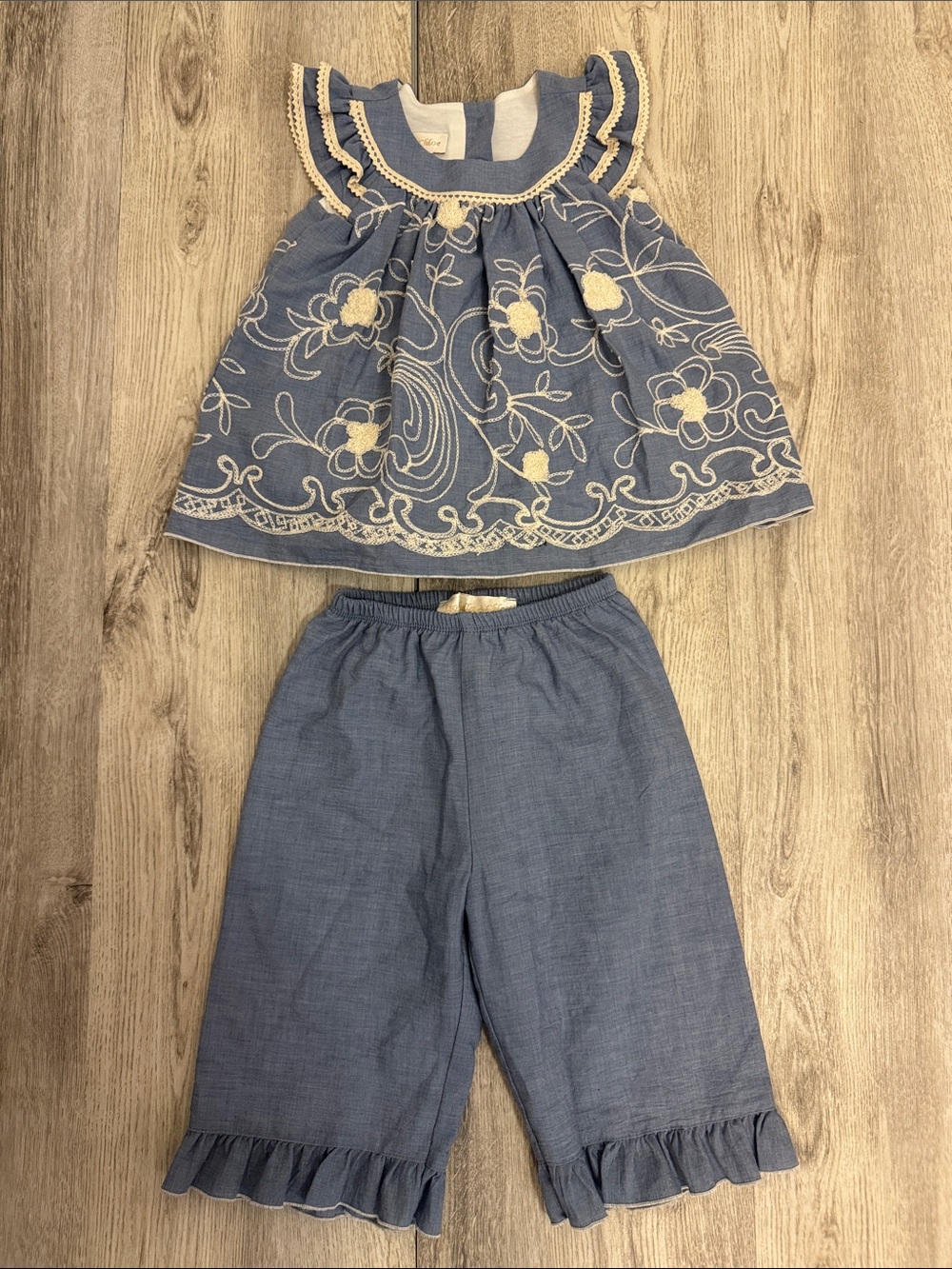 Isobella & Chloe Light Blue Embroidered Two-Piece Set with Cream Accents